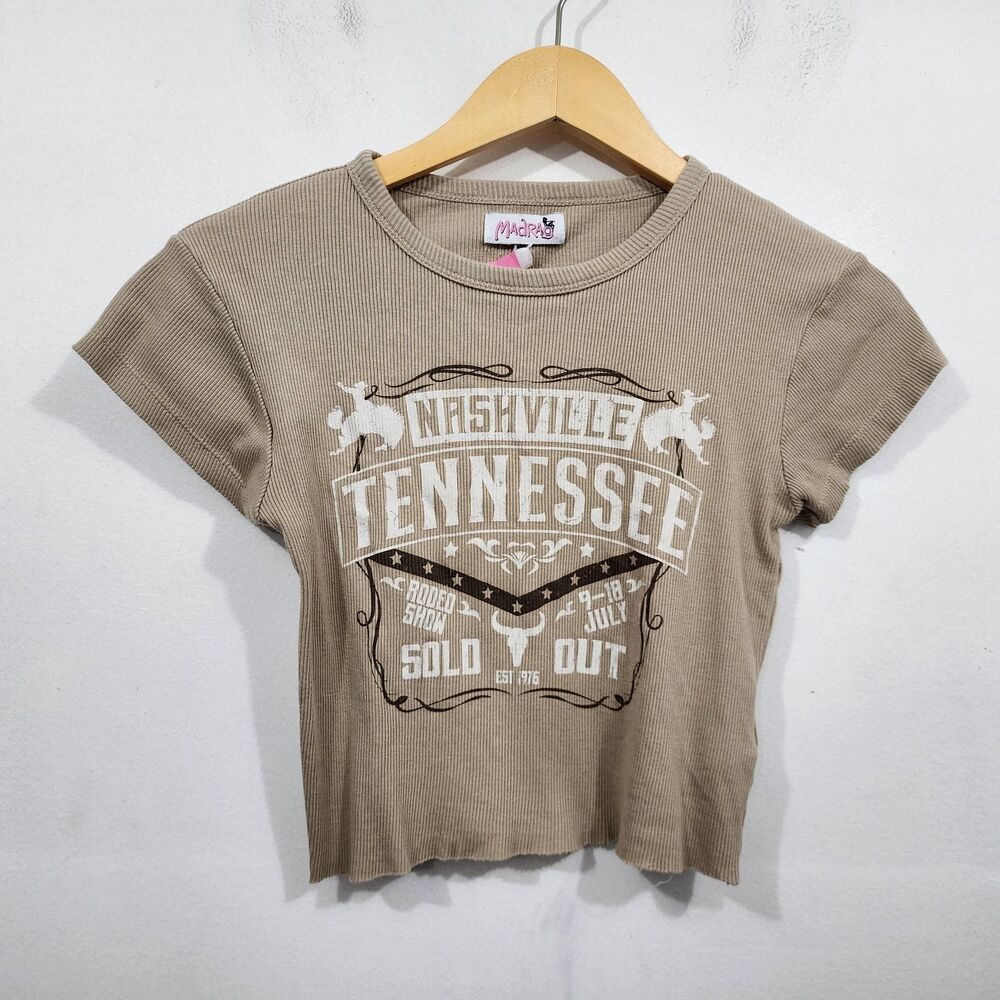 Madrag short-sleeve cropped baby tee Western Nashville Stretch Ribbed Knit Sz S